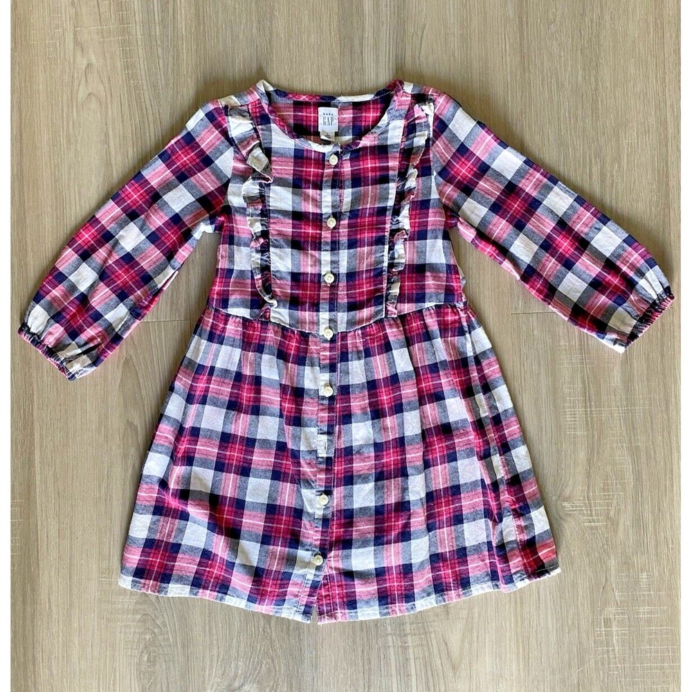 BABY GAP Pink Navy White Plaid Button Down SHIRT Dress. Toddler Size 4T